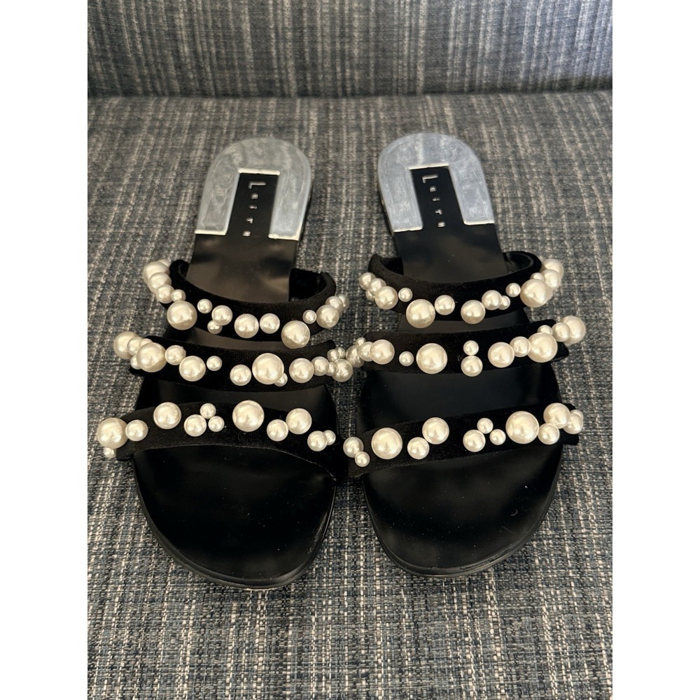 Leith Women's Size 8M Black Flat Faux Pearl Slip On Sandals Reflective Heel‎
